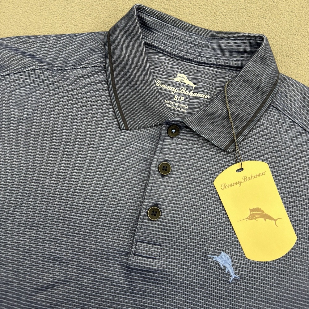 Tommy Bahama Striped Festival Short Sleeve Polo Shirt Men's Small Coastline Blue